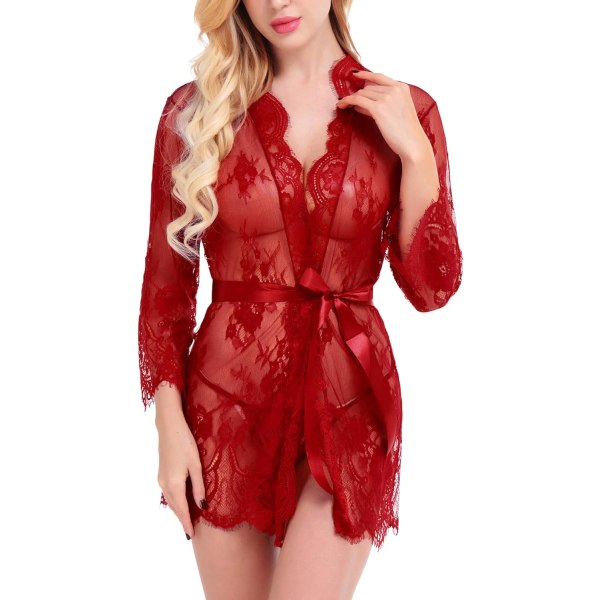 NG Sexig spetsrock Kimono Mesh Nattlinne Babydoll Underkläder Set S-XXL Röd Stor
