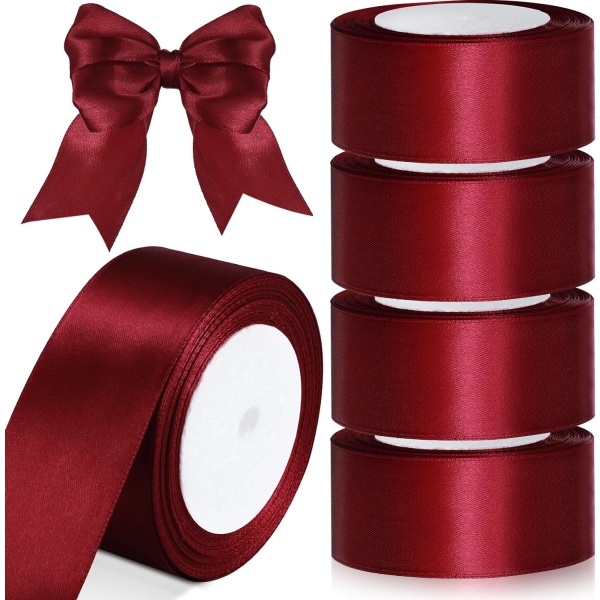 une 4 Rolls Burgundy Ribbon 96 Yards 2 Inches Bred Dubbelsidig polyester Satin Band Solid Satin Ribbon till jul