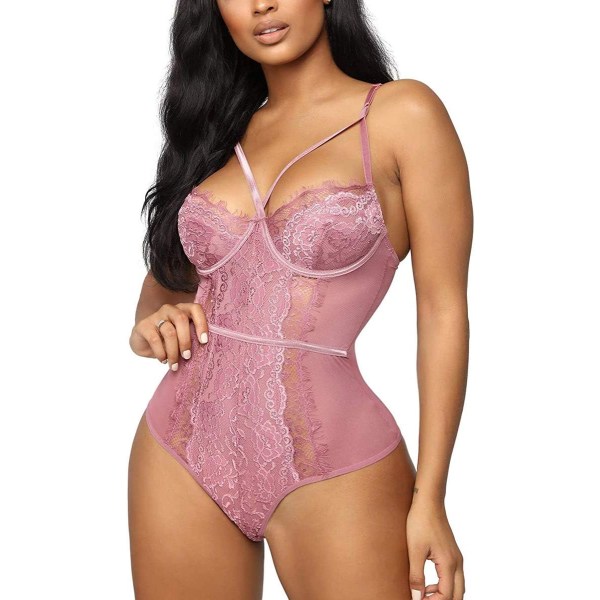 tifo Dam Sexy Body Lingerie One Piece Babydoll V-hals Teddy Snap Gren Rosa Stor