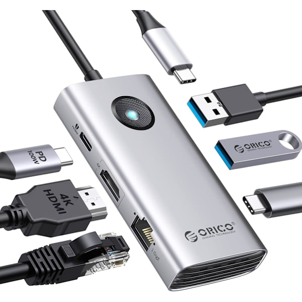 6-i-1 USB C-dockningsstation med 1000 Mbps Ethernet, USB C till HDMI 4K, 100 W strömförsörjning, 3 USB 3.0-portar Typ C-hubb för MacBook Pro, Chromebook Silver