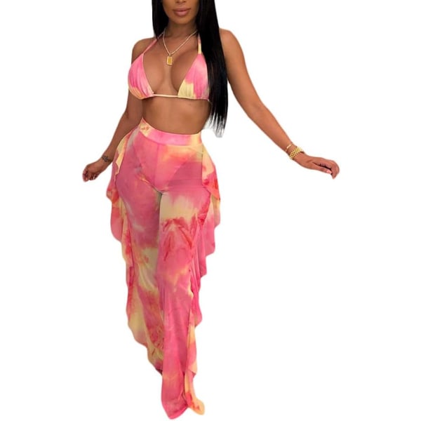 sv Beading Pearl Se Through Sheer Mesh 2-delade Outfits Jumpsuits Crop Top och Hollow Out Ruffle Långbyxor Tie Dye Rosa X-Large