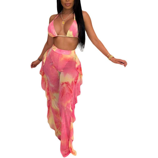 sv Beading Pearl See Through Sheer Mesh 2 Pieces Outfits Jumpsuits Crop Top och Hollow Out Ruffle Long Pants Tie Dye Rosa 3X-Large