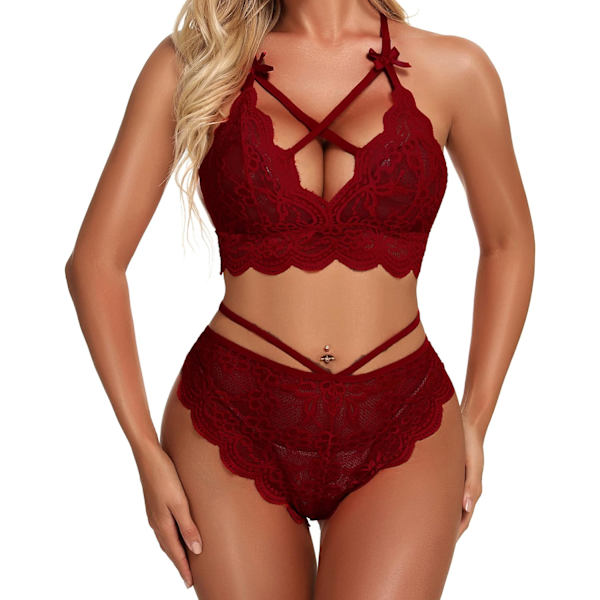 ifin Dam Lingerie Set Spets Bralette och Trosset Strappy Lace Lingerie Vinröd X-Large
