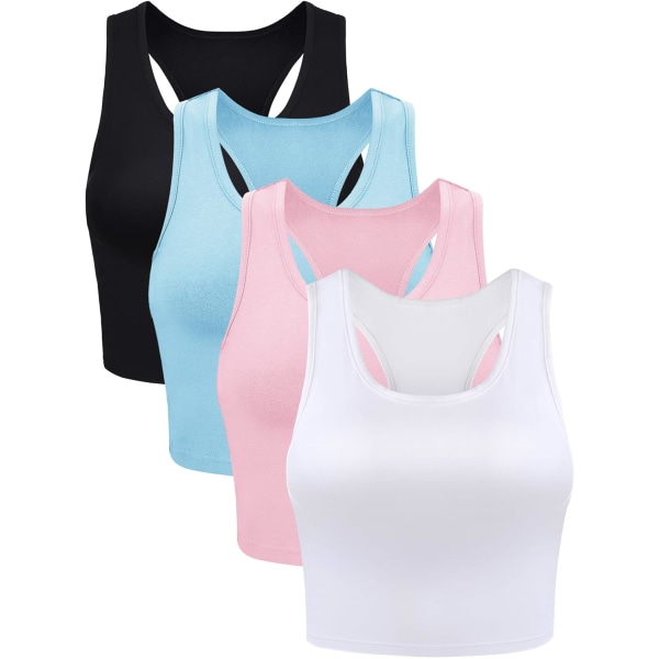 INIOR 4-delads Basic Crop linne ärmlösa Racerback sportlinnen i bomull för kvinnor (svart svart, vit, L liten