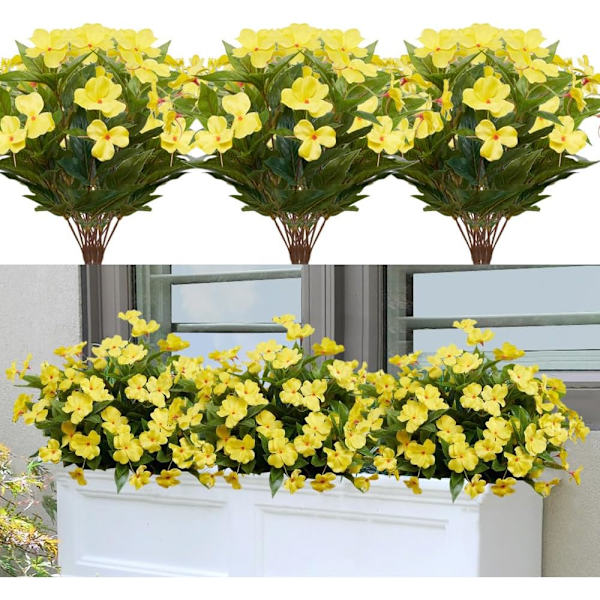 orca&Guilla Konstgjorda växter utomhus, 4 st 7 grenar falska impatiens konstgjorda blommor för utomhusbruk, konstgjorda växter för Pati Yellow Impatien 4