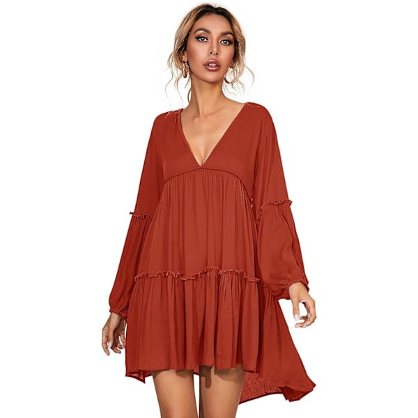 ivimos Dam långärmad bomull volanger djup V-ringning rygglös casual swing miniklänningar orange X-Large
