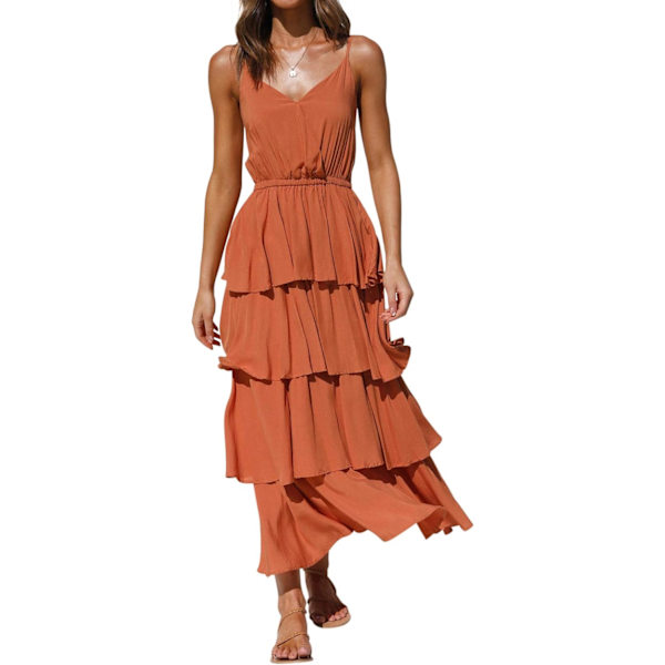 ivimos Dam Sommar Bomull Spaghetti Remmar V-Ringad Lager Ruffle Fåll Boho Swing Midi Klänning Orange Medium