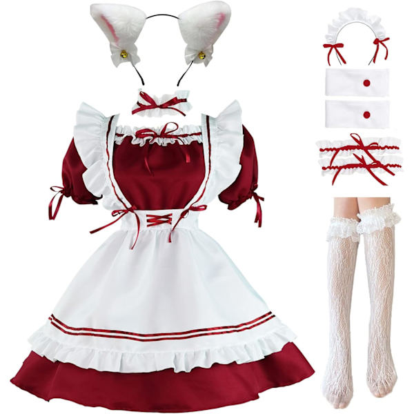 ANEK Maid Outfit Anime Cosplay Lolita Maid Klänning Fransk Maid Kostym Plysch kattöron Strumpor set Röd Medium