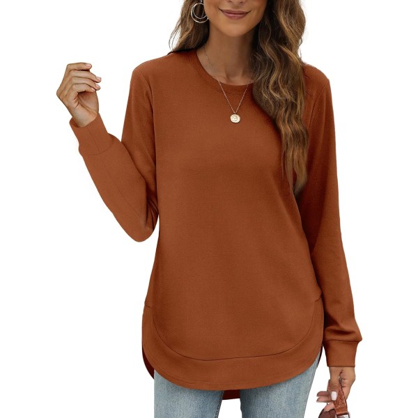 EFAN Damtröja Crewneck Långärmad tröjor för kvinnor Hög Låg Toppar Kurvad Fåll 04-karamell XX-Large