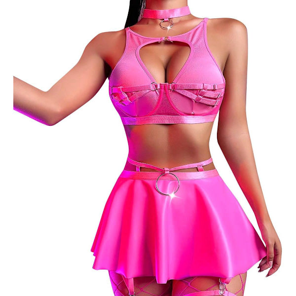 FIP Dam Rave Outfits Metallic Minikjol Cutout Crop Bra Top Choker Strappy Festival Dancewear set Rose Large