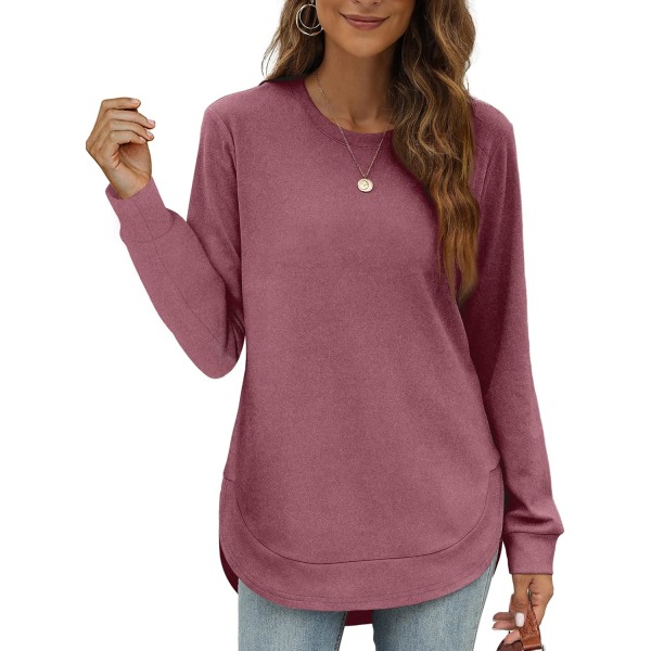 EFAN Damtröja Crewneck Långärmad tröjor för kvinnor Hög Låg Toppar Kurvad Fåll 08-tegel XX-Large