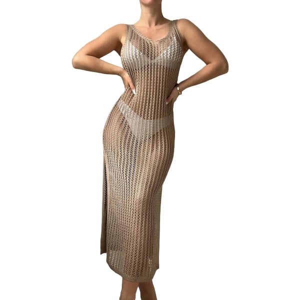 dusa Damkläder Virkade Cover Ups Ihålig Bikini Badkläder Split Lång Strandklänning Mocha Brun Stor