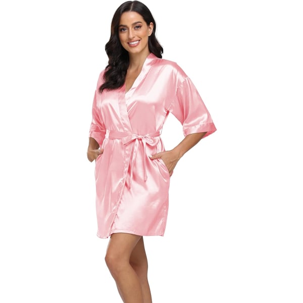 Bund Dam Satin Robe Silke Kimono Badrock Ren Kort Sexig Nattkläder Brudtärna Brud Fest Robes med Ficka Rosa X-Large