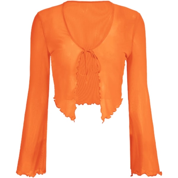 dusa Dam Sheer Shrug Crop Top Långärmad Tie Front Lettuce Trim Mesh Open Cardigan Top Orange Medium