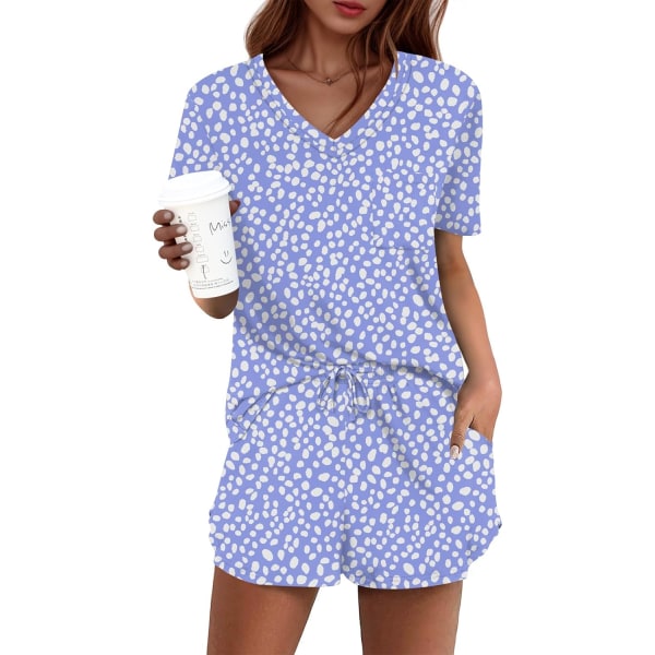MOON Damkläder Pyjamas Set 2 Delar Lounge Set Söt Kort Pyjamas Med Ficka Sovkläder Blå Prickig X-Large