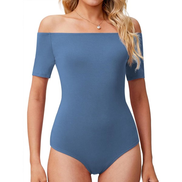 ALSI Off Shoulder Bodysuit för kvinnor Kortärmad Slim Fit Casual Basic Body suit Toppar T-shirts Denimblå 3X-Large