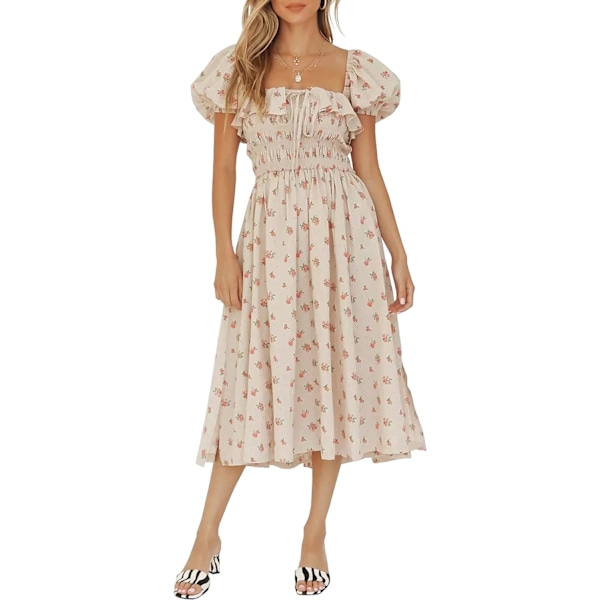 ivimos Dam Sommar Blommig Tryck Puffärmar Vintage Volanger Midiklänning Beige Stor