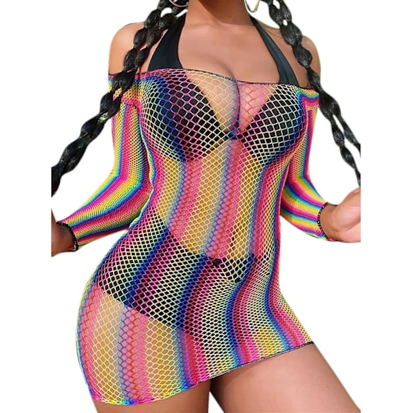 Kvinnors Rave Regnbågsrandig Push Up Baddräkt Bikini Genomskinlig Mesh Bodysuit Strandkläder för Dansfestivaler