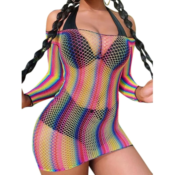 sv Rave Rainbow Randig Push Up Baddräkt Bikini See Through Mesh Body Strandkläder för dansfestivaler X Långärmad P X-Large