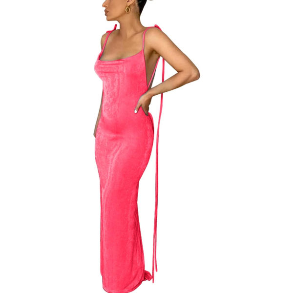 javun Dam Sommar Spaghetti Rem Sexy Ärmlös Rygglös Bodycon Festklubb Cocktailklänning Rosa Stor