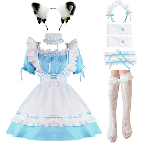 ANEK Maid Outfit Anime Cosplay Lolita Maid Klänning Fransk Piga Kostym Plysch kattöron Strumpor set Blå Stor