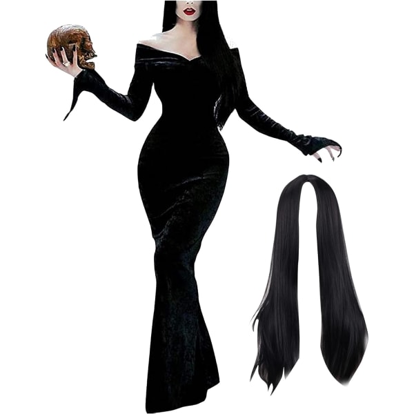 Halloween Morticia Addams Kostym Cospaly Klänning Dam Svart Off Shoulder Sjäjungfru V-Ringning Långärmad Maxiklänning Morticia +Peruk Liten