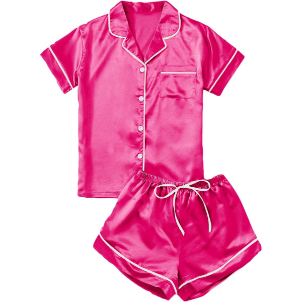 dusa Dam 2-delad satin nattkläder knapp fram nattkläder kortärmad pyjamas set varm rosa X-Large