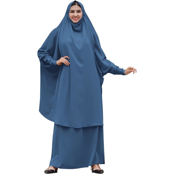 DEX Bönekläder för muslimska kvinnor Islamisk Abaya kostym Maxikjol + Khimar Hijab 2st Burka Jilbab Kaftan Blå One Size