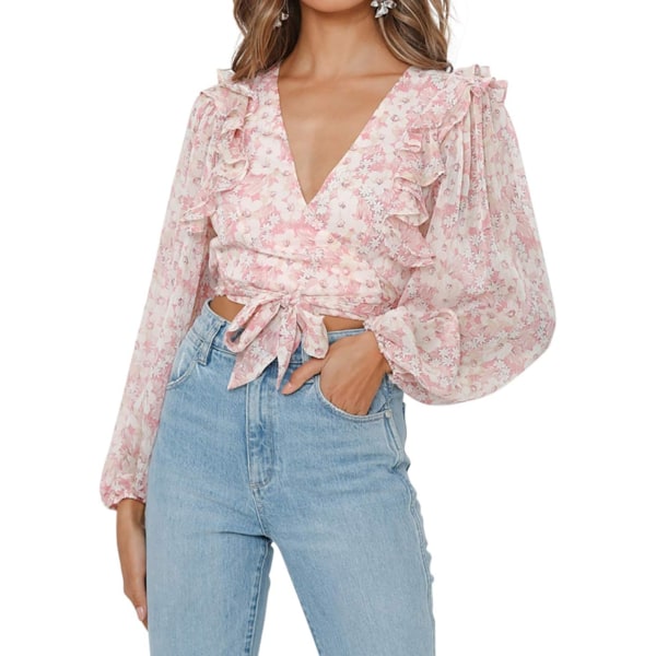 ivimos Dam Chiffon Långärmad Blommig Tryck Volang Boho V-hals Wrap Crop Blusar Toppar Rosa Liten