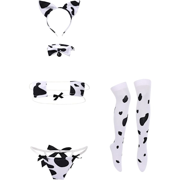Sexig mjölkko-lingerie set Anime Maid Cosplay-dräkt Mini Bikini BH Body med klockhalsband Strumpor Outfit Vit ko Micro En storlek