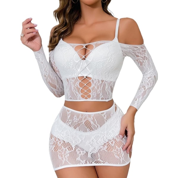 tifo Damunderkläder Set Fishnet BabyDoll Bodysuit Sexig Nattkläder Vit Tjca En Storlek