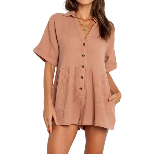 ivimos Sommar Jumpsuits för kvinnor Casual Bomull V-hals Korta ärmar Button-Down Lös Passform Rompers med fickor Kamel Liten