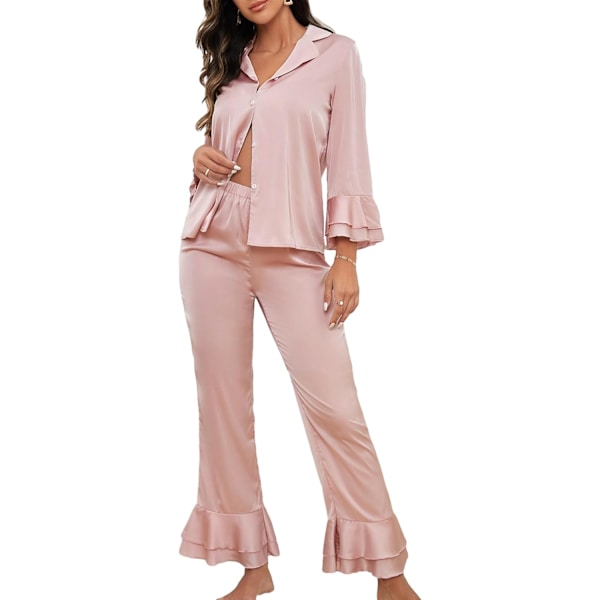 dusa Dam Satin Notch Krage Blus och Volang Fåll Byxor Pyjamas Set Rosa Medium