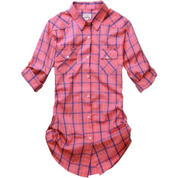 ch Tunn rutig skjorta för kvinnor i medellånga stil med upprullbar ärm #2005 2005 Checks#4(t X-Large