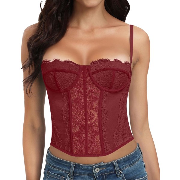 LLEY Fashion Lace Bustier Korsett Crop Tops för kvinnor med spänne - Sexig utgångstopp Bourgogne Medium