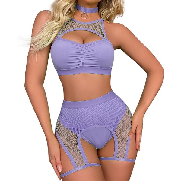 FIP Kvinnors Rave Outfits Cutout Fishnet Top Booty Shorts Botten Choker 3Pcs Babydoll Nattkläder Festival Lingerie Ljus Lila Liten
