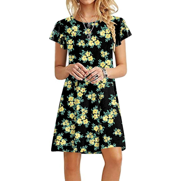 MOON Damklänning Sommarklänning Casual Volang Korta Ärmar Söt Rund Halsad Flowig Klänning med Ficka Plumeria Svart Medium