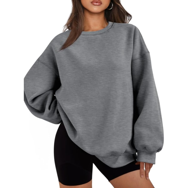 Kvinnors Oversized Fleece Sweatshirts Långärmad Crew Neck Pullover Sweatshirt Casual Hoodie Toppar Mörkgrå Liten