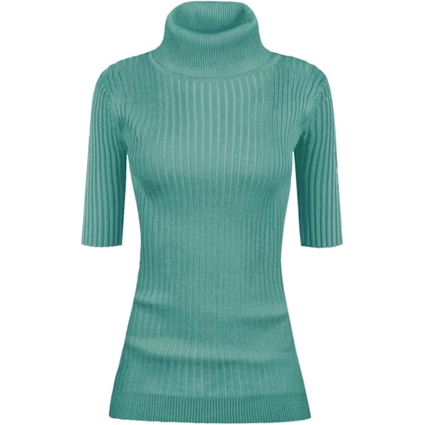 Kvinnors Turtleneck 1/2 Halv Ärm Hög Stretch Ribbstickad Åtsittande Tröja Jadeblå X-Small