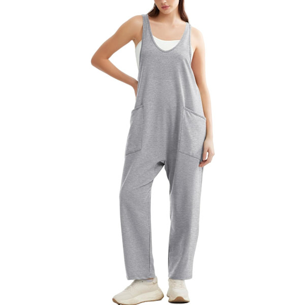 EFAN Jumpsuits för kvinnor Casual Sommar Dressy Ärmlös Overaller Lång Lös Baggy Rompers Jumpers Med Ficka 2024 03-grå Stor