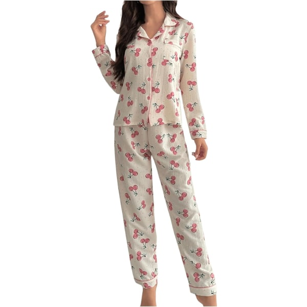 dusa dam 2-delad printed pyjamasset Sovkläder Button Up skjorta med byxor Cherry Beige Large