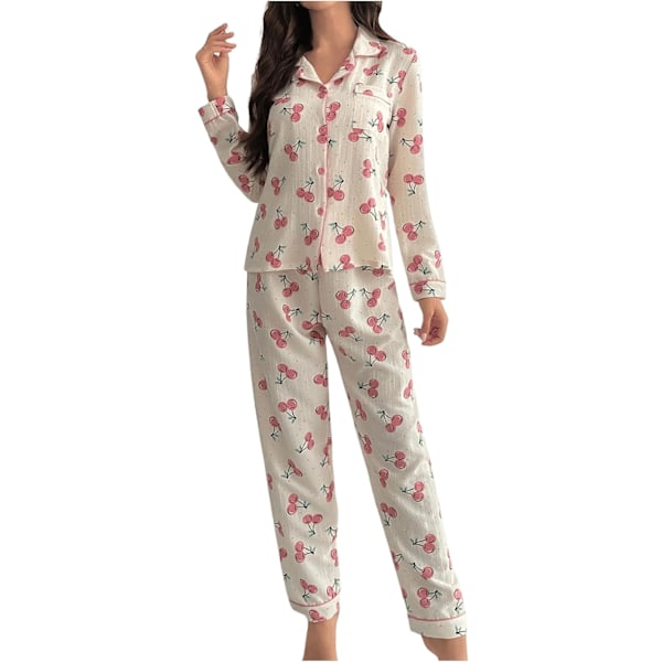 dusa Dam 2-delad tryckt pyjamas set sovkläder knapp upp skjorta med byxor körsbär beige stor