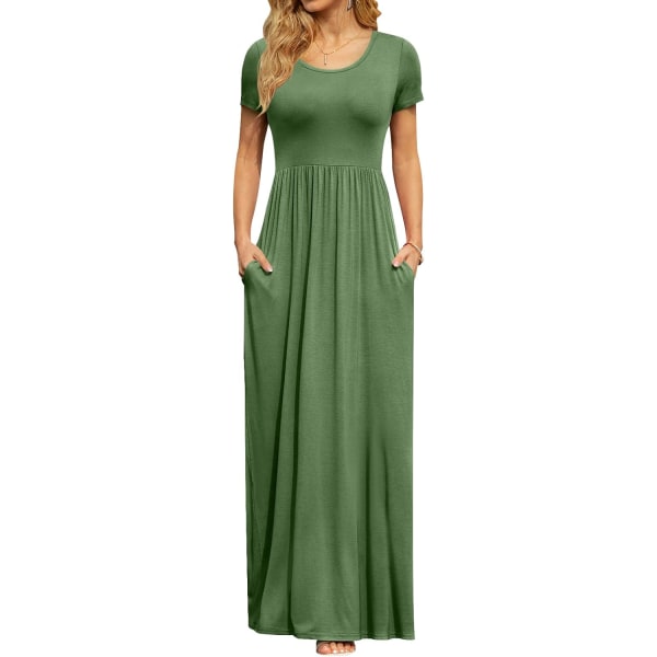 MOON kortärmade maxiklänningar för kvinnor Casual Empire Midja lång klänning med fickor Army Green 4X-Large