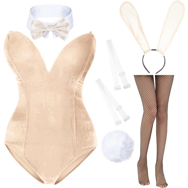 iNa Anime Damkläder Bunny Girl Kostym En Delig Body Halloween Cosplay Catsuit Bunny Pannband Strumpor Set Beige Liten