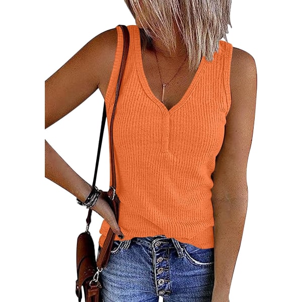 MOON Dam Ribbade Stickade Tank Toppar V-Hals Ärmlös & Kronblad Ärm Skjortor S-2XL 01/Orange Medium