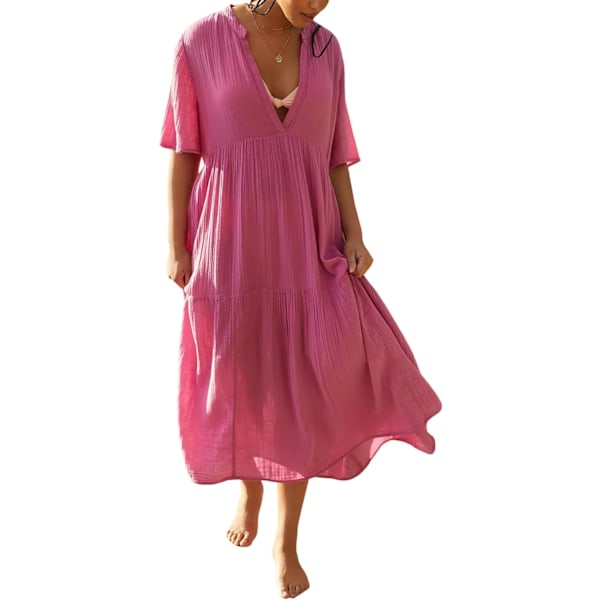 ivimos Dam Sommar Bomull Flytande Maxiklänning Kort Ärm V-Hals Empire Midja Boho Vågig Volang Casual Lös Lång Klänning Rosa Liten
