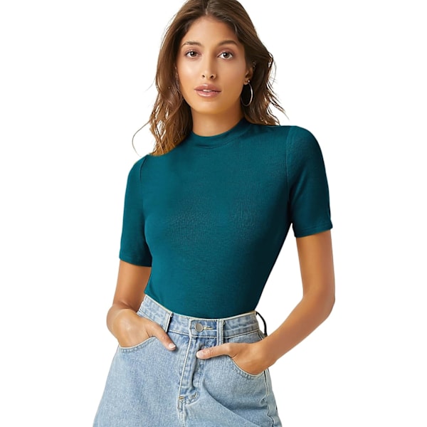 dusa Dam Casual Basic Mock Neck Kortärmad Ribbstickad Tee Top Blå Medium