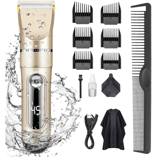 KUITA hårklippare, tyst LED-skärm, sladdlös uppladdningsbar hårtrimmer för män och barn, IPX7 vattentät hårklippningssats (silver)