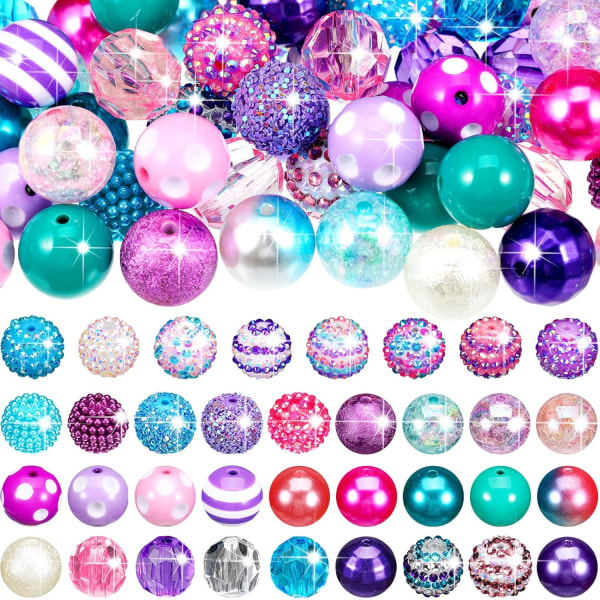 une 100 st Färgglada Chunky Bubblegum Beads 20mm Runda Chunk Beads Plast Strass Stora Pärlor för Penna Smycken Kedja Färgglad sjöjungfru