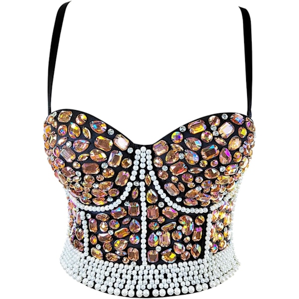 NDEO Dam Rhinestone Diamond Bead Bustier Crop Top Club Party Glitter Korsett Topp BH Väst Guld X-Small